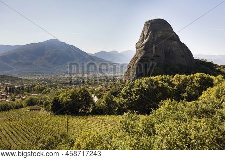 The View On Kalabaka Town From Miraculous Monastery On Rock Formation, Meteora, Greece, Beside The P