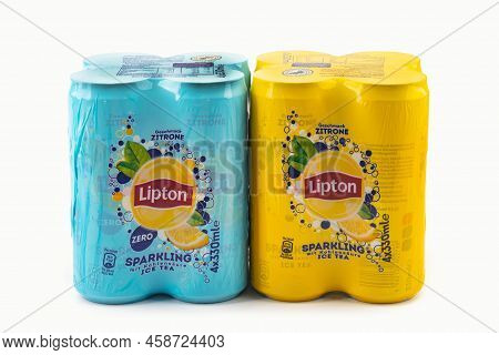 Wetzlar; Germany 2022-07-14: Canned Lipton Ice Tea. Lipton Ice Tea Drink In A Can Isolated On White 