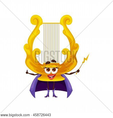Cartoon Musical Lire Fairy Character, Funny Vector Harp Instrument Personage Wear Cape With Wand In 