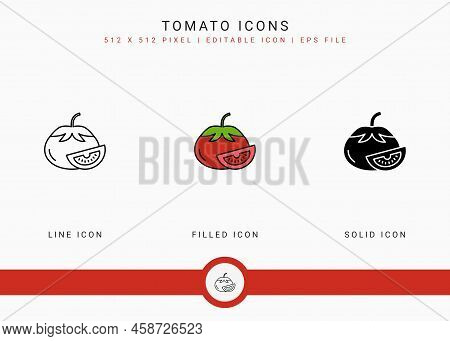 Tomato Icons Set Vector Illustration With Solid Icon Line Style. Vegetable Healthy Concept. Editable