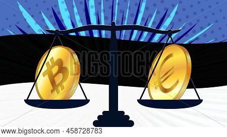 Gold Coin Of Bitcoin Btc And Euro Eur On Scales And Colored Flag Of Estonia On Background. Central B