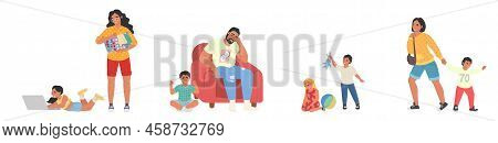 Tired Parent And Capricious Naughty Children Set
