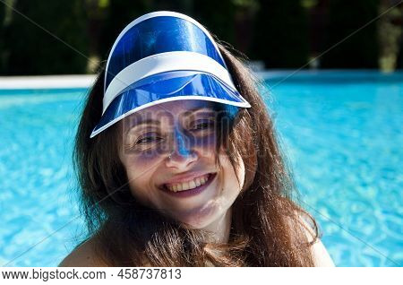 Portrait Of Woman In Retro Visor Hat. Face Of Girl In Visor Cap. Happy Girl In Sun Visor Cap.
