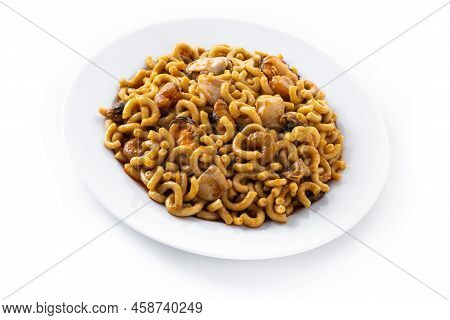 Traditional Spanish Fideua. Noodle Paella Isolated On White Background.