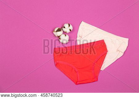 Clothes For Children In The Form Of Panties On A Pink Background. Clothes For Children From Soft Fab