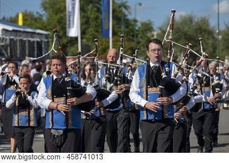 Quimper, France - July 24 2022: Musicians Of The Bagad Ergué-armel Performing During The Cornouaille