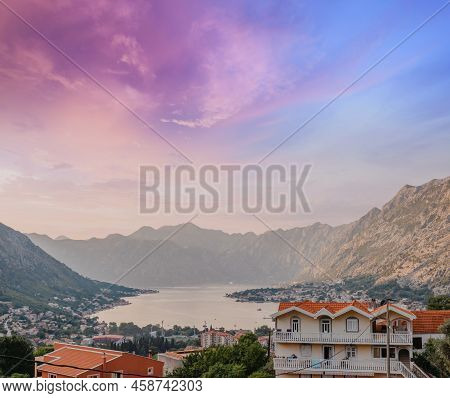 Sunset At Kotor Bay Montenegro. Sunset Beautiful Landscape. Travel Concept. Montenegro, Kotor Bay. V