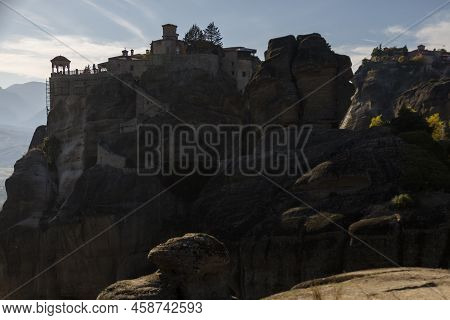 Beautiful Scenic View, Orthodox Monastery Of Varlaam, Immense Monolithic Pillar, Green Foliage At Th