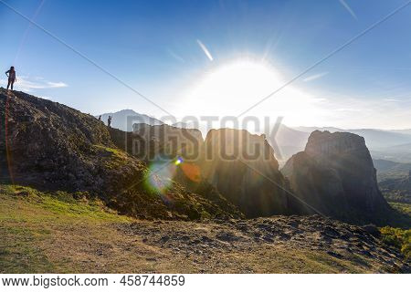 The View On Kalabaka Valley During Sunset From Miraculous Monastery On Rock Formation, Meteora, Gree