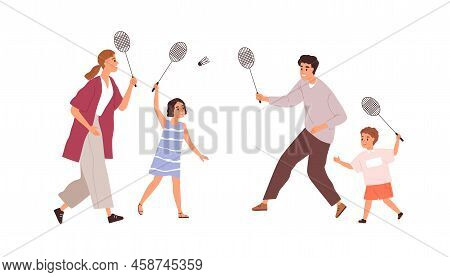 Family And Children Playing Badminton Together, Sports Game With Rackets. Happy Active Healthy Paren