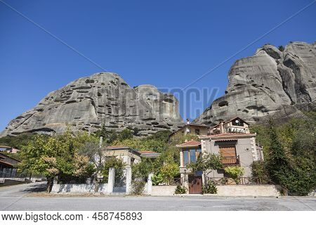 The Huge Rock Pillars Formation Of Meteora Over The Kalampaka Town, Beside The Pindos Mountains, Kal
