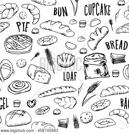 Bread Outline Pattern. Drawing Rye, Whole Grain And Wheat Bread, Pretzel, Muffin, Pita Bread, Ciabat