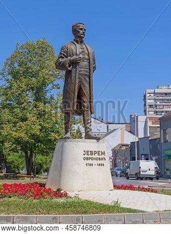 Sabac, Serbia - July 22, 2022: Bronze Statue Of Jevrem Obrenovic Monument Landmark In City Centre.