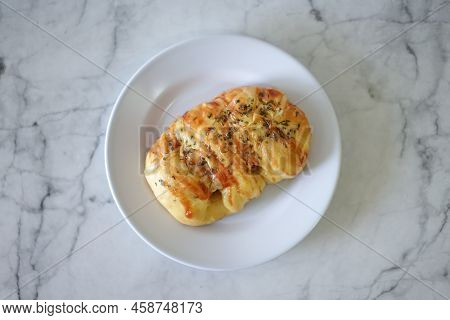 Sausage Buns Bread. Soft Baked Bun (dough) Stuffed With Sausage For Fast Food Breakfast Or Coffee Br