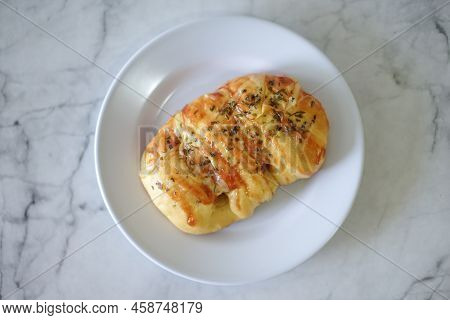 Sausage Buns Bread. Soft Baked Bun (dough) Stuffed With Sausage For Fast Food Breakfast Or Coffee Br