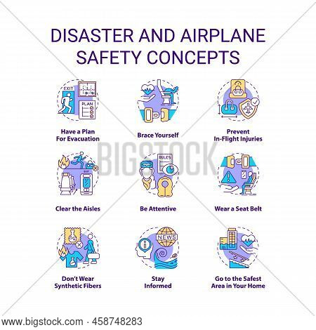 Disaster And Airplane Safety Concept Icons Set. Emergency Preparedness Idea Thin Line Color Illustra
