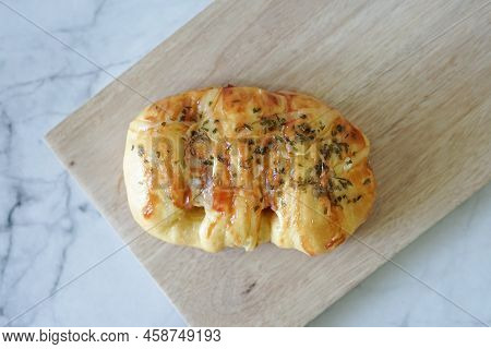 Sausage Buns Bread. Soft Baked Bun (dough) Stuffed With Sausage For Fast Food Breakfast Or Coffee Br