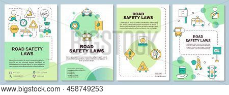 Road Safety Laws Green Brochure Template. Driving Regulations. Leaflet Design With Linear Icons. Edi