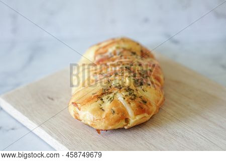 Sausage Buns Bread. Soft Baked Bun (dough) Stuffed With Sausage For Fast Food Breakfast Or Coffee Br