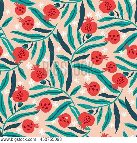 Beautiful  Seamless Pattern  With Pomegranate   Fruit For Trendy Summer Design. Modern  Texture For 