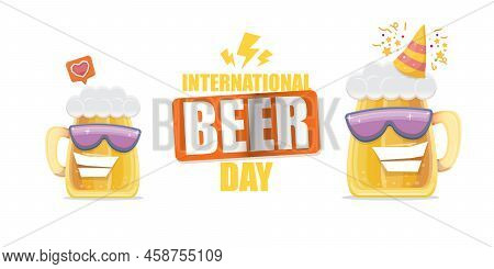 Happy International Beer Day Horizonatal Banner With Cartoon Funny Beer Glass Friends Characters Wit