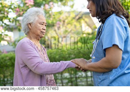 Doctor Help And Care Asian Senior Or Elderly Old Lady Woman Use Walker With Strong Health While Walk