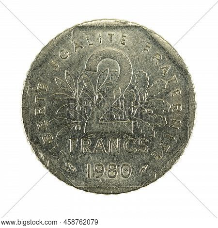 2 French Franc Coin (1980) Obverse Isolated On White Background