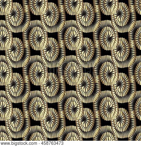 Gold 3d Spirals Seamless Pattern. Ornamental Luxury Waves, Spiral Shapes, Shells Background. Deco Go