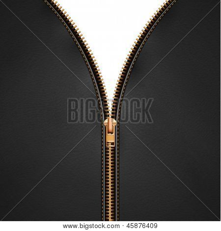 Black leather background with open metallic zipper - eps10