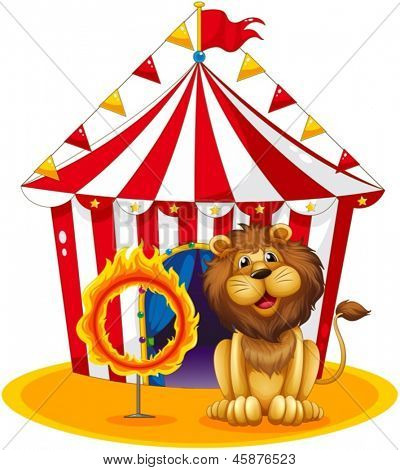 Ilustração de um leão ao lado de um aro de fogo no circo em um fundo branco