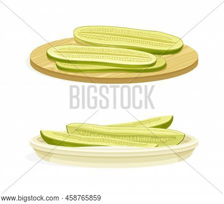 Cut Pickled Cucumber Or Gherkin With Salted Taste Served As Snack Vector Set