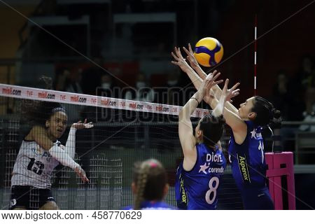 Istanbul, Turkey - February 20, 2022: Dicle Nur Babat And Naz Aydemir Akyol In Action During Fenerba