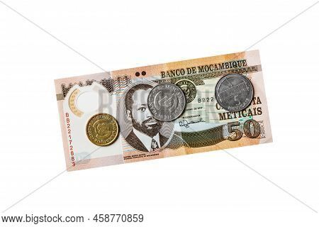 Mozambique Banknote And Coins Isolated On White Background.