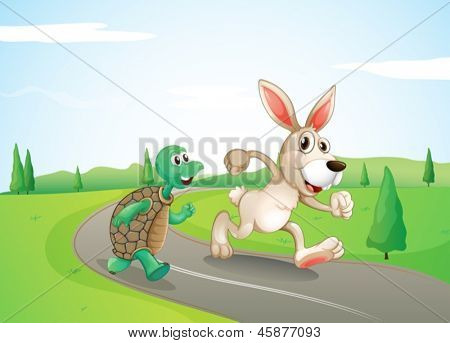 Illustration d'un lapin et une tortue qui longe la route