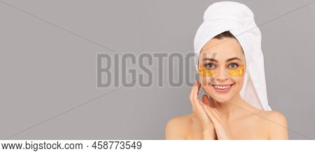 Eye Patches, Patch Under Eyes. Happy Woman With Terry Towel Use Facial Golden Eye Patch For Skin, Sk