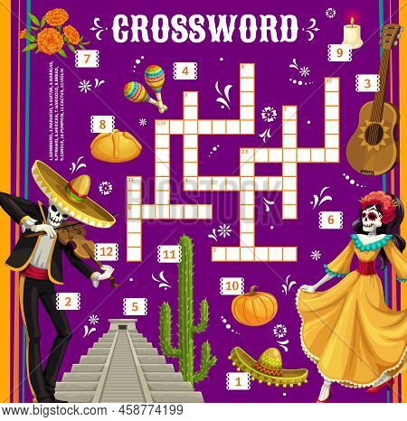 Dia De Los Muertos Day Of Dead Mexican Holiday Crossword Puzzle Worksheet, Find A Word Quiz. Vector 
