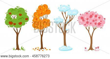 Tree Four Season Flat Cartoon Set. Spring, Summer And Autumn, Winter. Forest Or Park Abstract Styliz