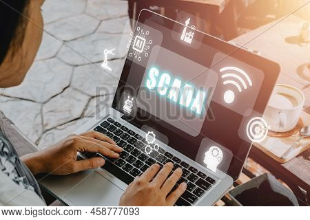 Scada Supervisory Control And Data Acquisition Technology Concept, Woman Hand Typing On Keyboard Com