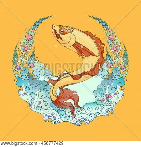Fish In The River Thai Pattern Filigree Decoration Vector Illustration