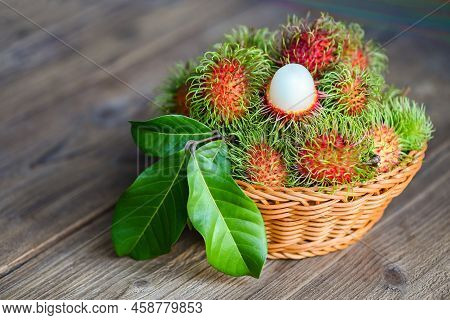 Rambutan Fruit On Basket Background Harvest From The Garden Rambutan Tree, Fresh And Ripe Rambutan S