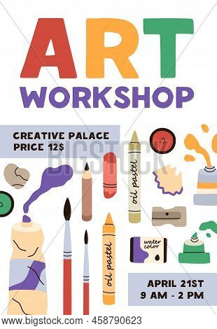 Art Workshop Promo Flyer Design. Vertical Ad Banner Of Creative Drawing Class, School In Painting At