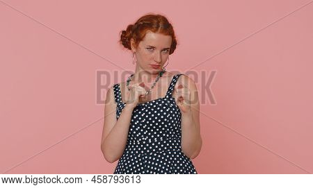 Greedy Avaricious Redhead Young Woman Showing Fig Negative Gesture, You Dont Get It Anyway. Rapaciou