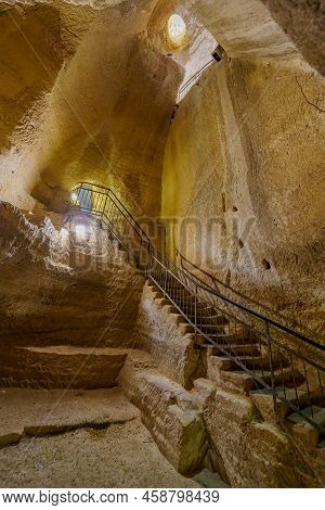 Bet Guvrin, Israel - July 21, 2022: View Of Ancient Cave With A Staircase, In Bet Guvrin National Pa