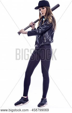 Baseball Sport Ideas. Winsome Expressive Caucasian Female Baseball Player Athlete Posing With Bat Wh
