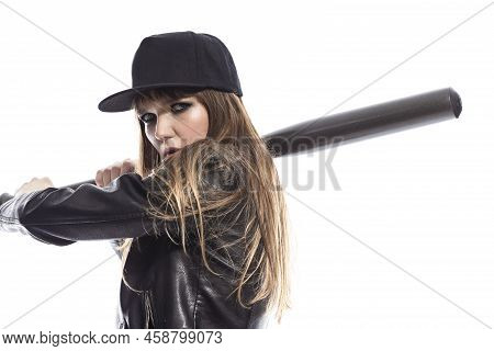 Sport Concepts. Portrait Of Concentrated Aggressive Winsome Caucasian Female Baseball Player Athlete