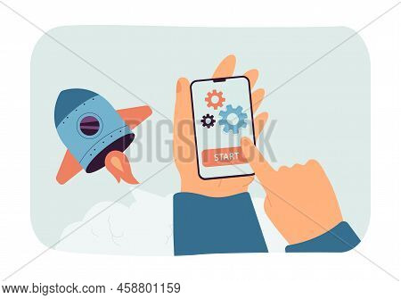 Finger Touching Start Button On Phone And Launching Rocket. Person Starting Business Project Flat Ve