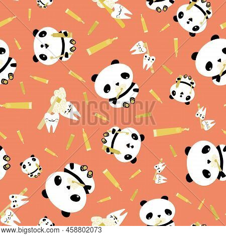 Kawaii Panda Kids Dental Health Care Vector Educational Seamless Pattern Background. Cute Cartoon Be