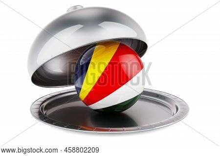 Restaurant Cloche With Seychelloise Flag. 3d Rendering Isolated On White Background