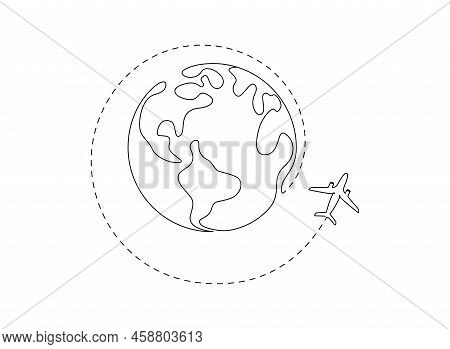One Continuous Line Drawing Of Earth Globe With Airplane And Dach Path. Flight Route On World Map In
