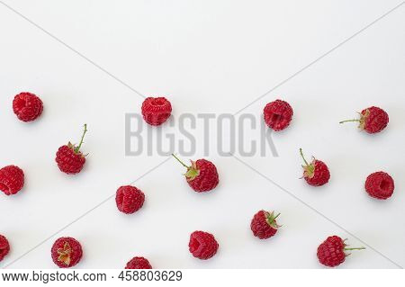 Ripe Juicy Fresh Raspberries On White Background Flat Lay Top View. Raspberry Pattern. Organic Raspb